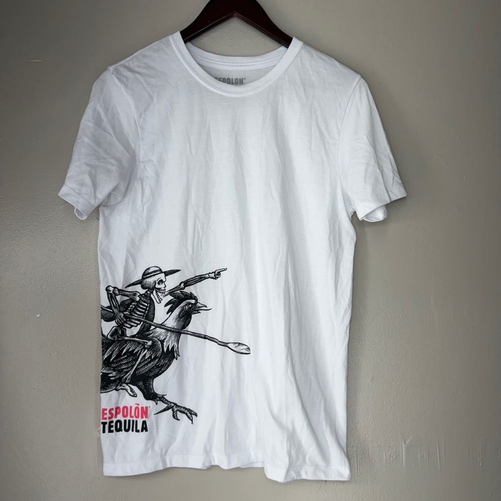 Espolon Tequila Mens White Graphic T-Shirt Skeleton Rooster Size Large